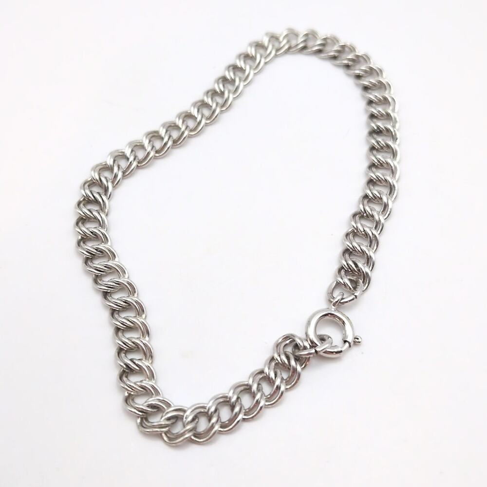 Vintage Wells Sterling Silver 925 Double Curb Chain Charm Bracelet Starter 7.25"